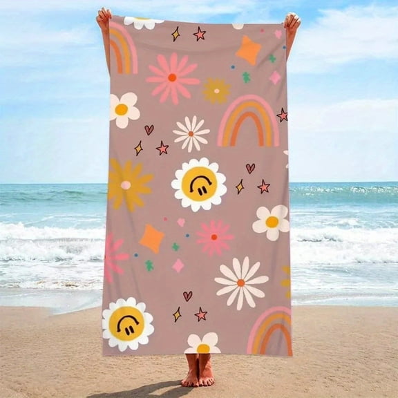 1 colorful flower and smiley face pattern summer fun beach towel