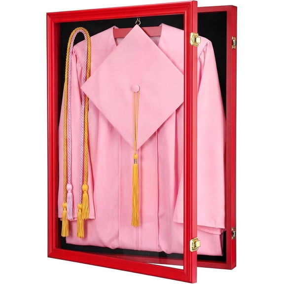 1 count 17"x23" Graduation Shadow Box Frame Large  Display Case with Stick Pins  Hardware Graduation Gown Display Memory Shadow Box for Cap Gown Diploma Stole Cords (Red)