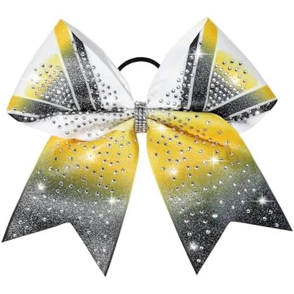 1 count 8" Large Glitter Bows with Iridescent Rhinestones Colorful Stiff Hair Elastic Band Ponytail Holder for Cheerleader Girls (White/Yellow/Black)