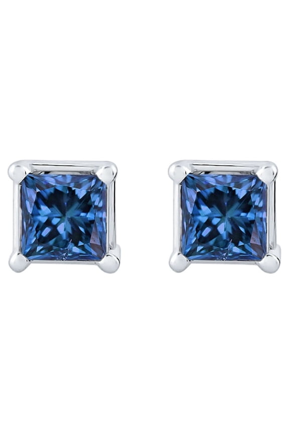 1 ct. Blue - I1 Princess Cut Diamond Earring Studs in 14K White Gold