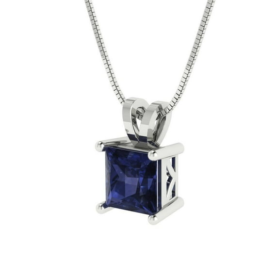 1 cctw Blue Sapphire White Gold Plated Pendant with 16" Box Chain (5.5mm, Princess Cut)