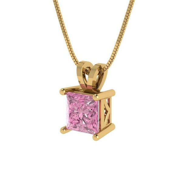 1 ct Brilliant Princess Cut Solitaire VVS1 Genuine Pink Zircon Solid 14k Yellow Solid Gold Everyday Affordable Designer Necklace Pendant with 18" Solid Gold Chain by Clara Pucci