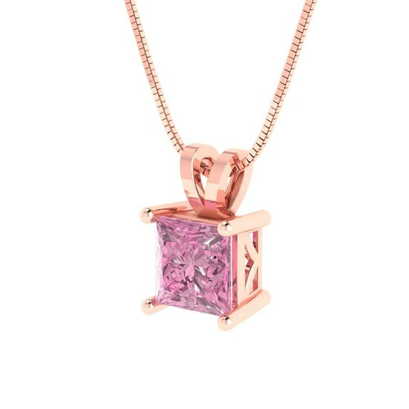 1 ct Brilliant Princess Cut Solitaire VVS1 Genuine Pink Zircon Solid 18k Pink Rose Solid Gold Everyday Affordable Designer Necklace Pendant with 16" Solid Gold Chain by Clara Pucci