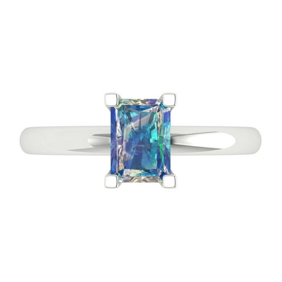 1 ct Emerald Cut Blue Moissanite Solitaire 14K White Gold Womens Engagement Ring
