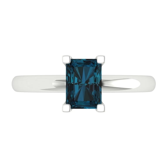 1 ct Emerald Cut Natural London Blue Topaz Solitaire 18K White Gold Womens Engagement Ring