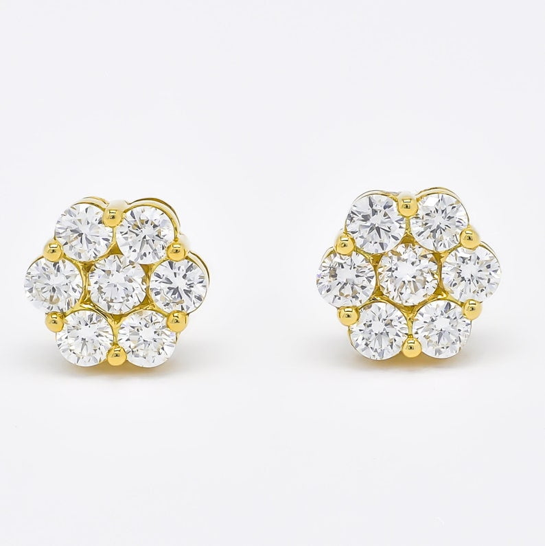 NV DIAMONDS 1 ct Flower Diamond Earrings, 14K Yellow Gold Plated Silver Gorgeous Cluster Design, Perfect Gift for her in 14K Gold over, Lab Grown Diamond Stud Earring Fine Jewelry for Women Gifts
