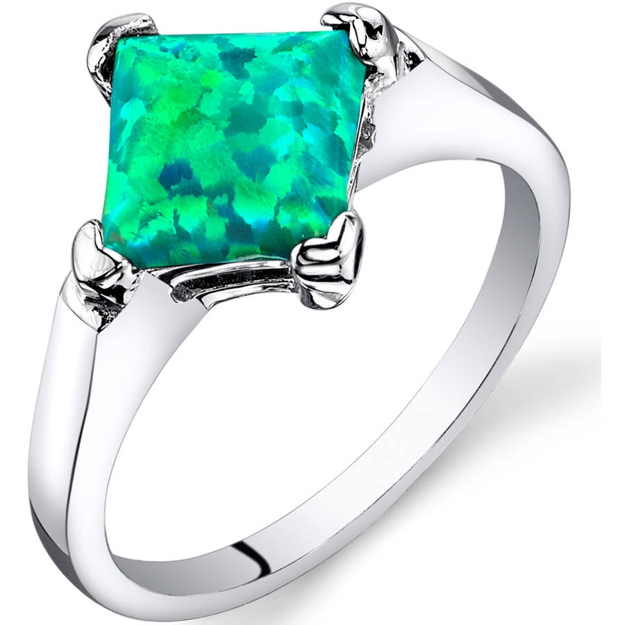 1 ct Princess Cut Created Green Opal Solitaire Ring in Sterling Silver