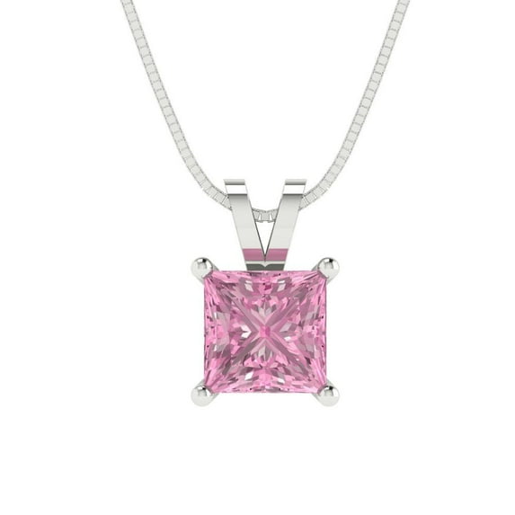 1 ct princess cut pink Crystal 14k white hypoallergenic Solid gold Designer Everyday Affordable Dainty Necklace Pendant + 16" hypoallergenic Solid gold chain