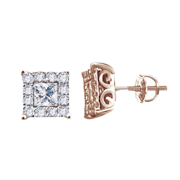 AFFY (1 cttw) Princess & Round Cut White Natural Diamond Womens Square Stud Earrings In 14 Rose Gold