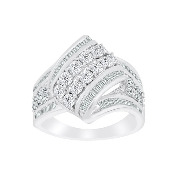 AFFY (1 cttw) Round & Baguette Shape White Natural Diamond Cocktail Ring In 10k Solid White Gold