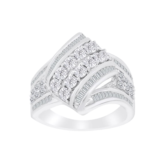 AFFY (1 cttw) Round & Baguette Shape White Natural Diamond Cocktail Ring In 10k Solid White Gold