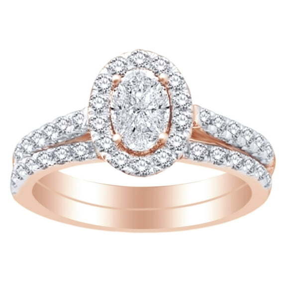 AFFY (1 cttw) Round & Oval Cut White Natural Diamond Bridal Ring Set In 14k Rose Gold With RING Size-7.5
