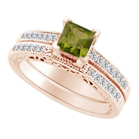AFFY (1 cttw) Simulated Green Peridot & White Natural Diamond Engagement Wedding Ring Set In 14k Rose Gold With Ring Size 6.5