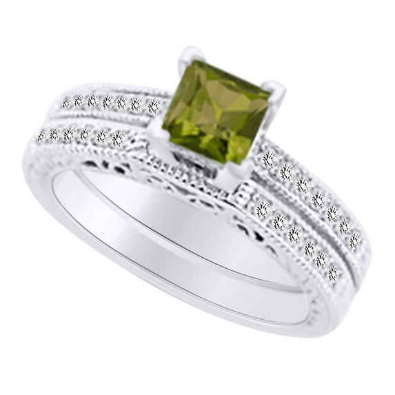 AFFY (1 cttw) Simulated Green Peridot & White Natural Diamond Engagement Wedding Ring Set In 14k White Gold With Ring Size 7