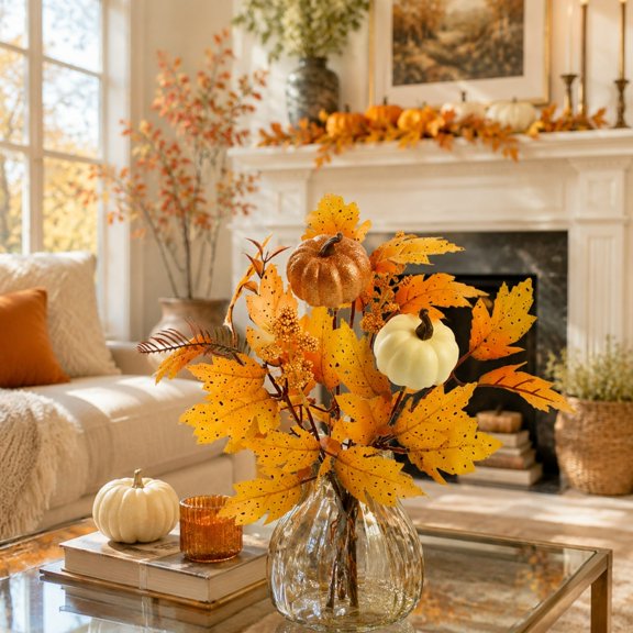 Under 1 dollar Halloween Savings Artificial Pumpkin Branches Leaves with Mini Pumpkin for Vase Fillers Home Table House Decor Halloween Decorations indoor Outdoor
