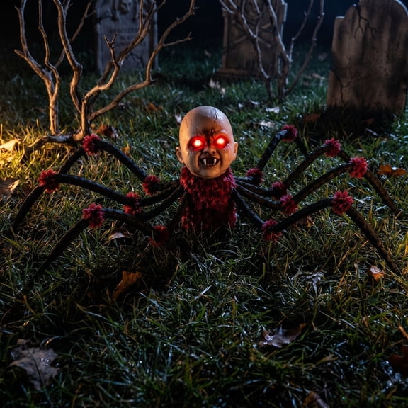 Under 1 dollar Halloween Savings Halloween Animated Creepy Head Prop and Touch Activated Walking Horror Toy with Flashing Red Eyes and Scary Sounds Halloween Decorations indoor Outdoor