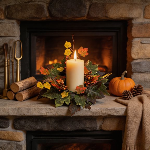 Under 1 dollar Halloween Savings Halloween Candle Wreath with Maple Leaves and Roses Candle Holders Decorative Wreath Table Decor Party Supplies Ornaments Halloween Decorations indoor Outdoor