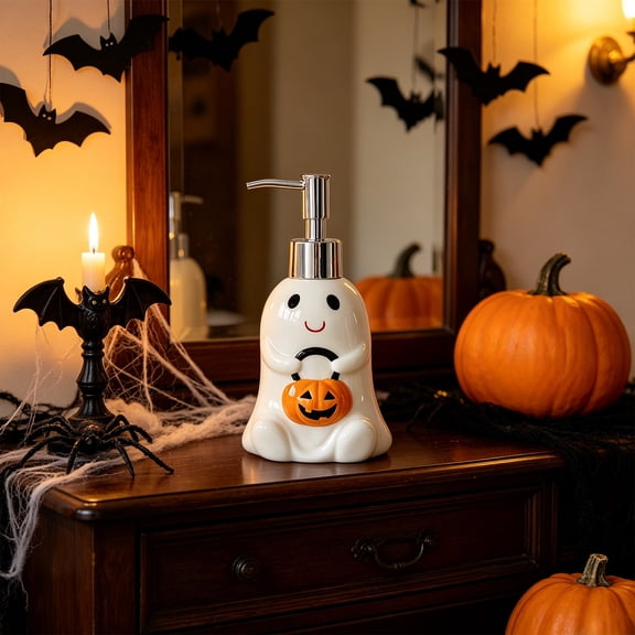 Under 1 dollar Halloween Savings Halloween Ghost Pumpkin-Shaped Ceramic Lotion Pump Bottle Soap Dispenser Hand Soap and Body Wash Ceramic Refill Bottle Halloween Decorations indoor Outdoor