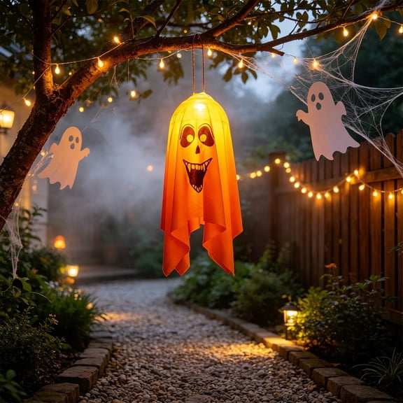 Under 1 dollar Halloween Savings Orange Laughing Ghost Face LED Halloween Decoration Light Battery Operated Hanging Spooky Lamp for Home Party Yard Garden Decor Halloween Decorations indoor Outdoor