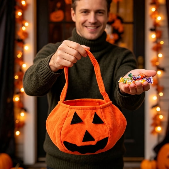 Under 1 dollar Halloween Savings Pumpkin Candy Basket Halloween Hand Bag Reusable -o'- Tote for Halloween Party Supplies Halloween Decorations indoor Outdoor