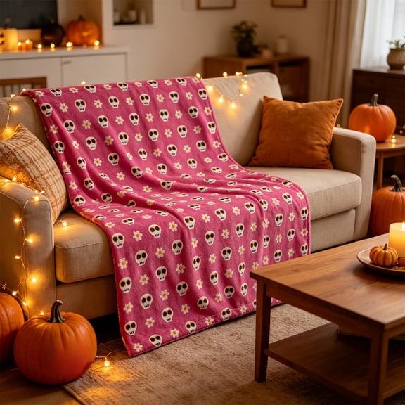 Under 1 dollar Halloween Savings Summer Ween Oversize Soft Lint Throw Blankets Summer Patio Pool Halloween Throws Pinky Skull Flower Patterns Comfortable Blanket Halloween Decorations indoor Outdoor