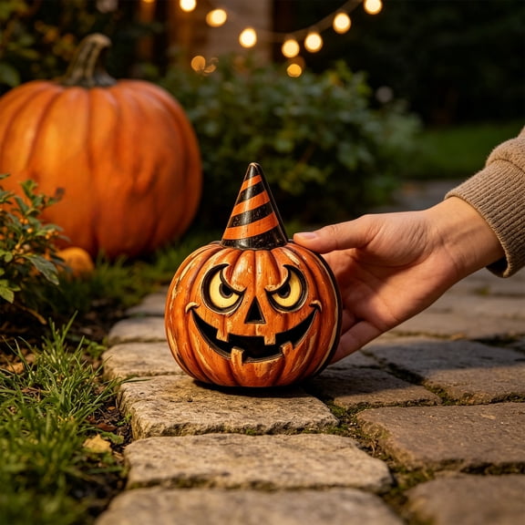Under 1 dollar Halloween Savings Vintage Wooden Pumpkin Figurine with Striped Party Hat Halloween Tabletop Decor Statue Halloween Decorations indoor Outdoor