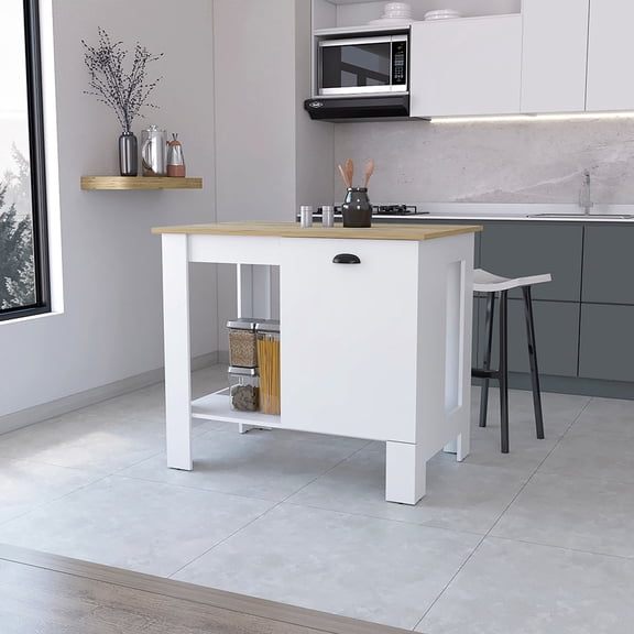 1-door Kitchen Island With Open Shelf In White And - Practical Furniture Piece Modern Stylish Storage Unit