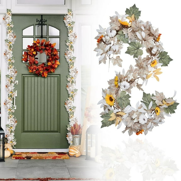 1 flower vine Fall Wreath Berries Pumpkins Lamb Ears Leaves Autumn Wreaths For Front Door Fall Decor Porch Wall Home Outdoor Holiday Decorations (Pumpkin Garland)