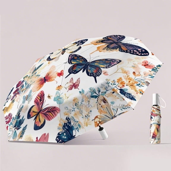 1 full page painted butterfly automatic umbrella with sun protection and UV protection, suitable for giving beautiful holiday gifts to friends, outdoor travel, daily commuting, multi-purpose