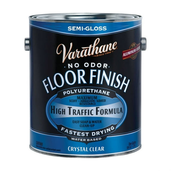 1 gal Rust-Oleum 230131 Crystal Clear Varathane Water-Based Interior High Traffic Polyurethane Floor Finish, Semi-Gloss