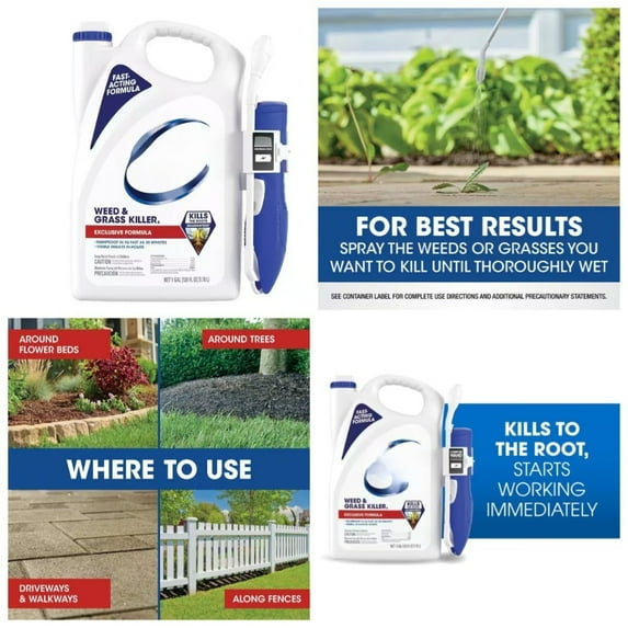 1 gallon. Weed and grass Killer with Comfort Bar, use and surrounding flower beds, trees and driveways to kill tough weeds and grass to the roots for rain protection.