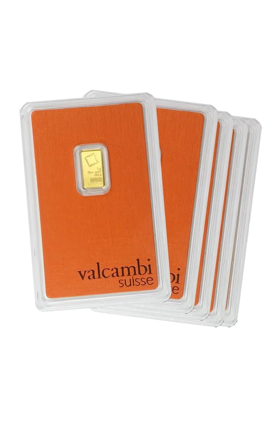 1 gram Gold Valcambi Bar w/ Assay - Lot of 5