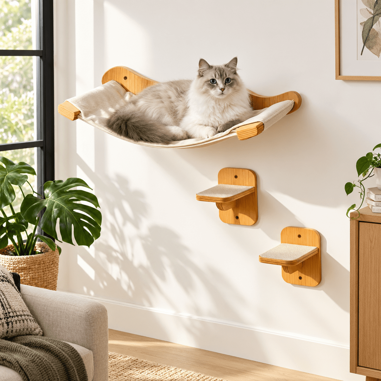 1 hammock 2 cat steps wall-mounted solid wood cat furniture with ...
