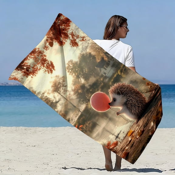 1 hedgehog bath towel Beach towel, suitable for swimming pools, picnics, camping - printed with cute autumn balloons and hedgehog patterns, super absorbent bath towel