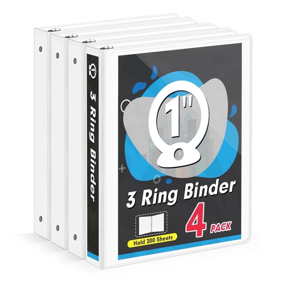 1 inch 3 Ring Binder 1 Inch Round Ring Binder with 2 Inside Pockets 200 Sheets of Letter Size 8.5 x 11'' Paper Organizer View Notebook Binders 4-Pack White