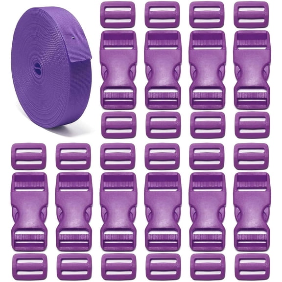 1 inch Buckle Strap Set with 10 Yards Nylon Webbing, 10 Pcs Quick Side Release Plastic Buckles, 20 Pcs Tri-glide Slide Clip for DIY Backpack Replacement (Purple)