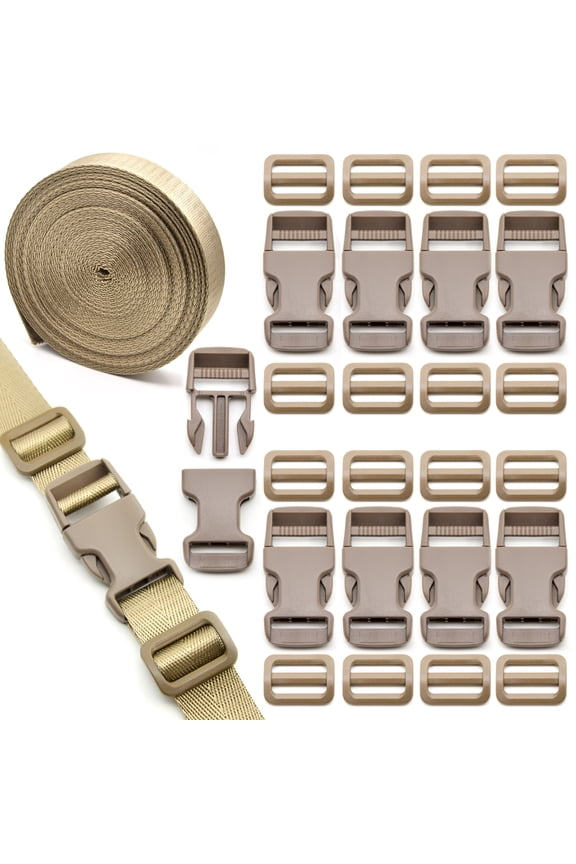 1 inch Buckles Straps Set with 10 Yards Nylon Webbing Strap,10 pcs Quick Side Release Plastic Buckle, 20 pcs Tri-glide Slide Clip for Luggage Strap, Backpack Replacement (Tan)