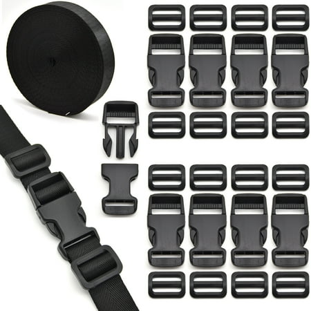 1 inch Buckles Straps Set with 10 Yards Nylon Webbing Strap,10 pcs Quick Side Release Plastic Buckle, 20 pcs Tri-glide Slide Clip for Luggage Strap, Backpack Replacement (Black)