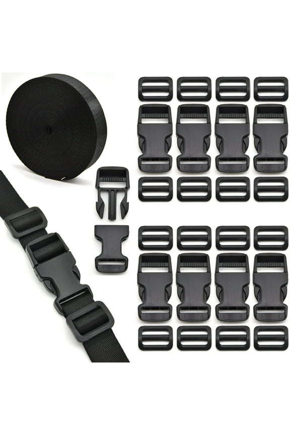 1 inch Buckles Straps Set with 10 Yards Nylon Webbing Strap,10 pcs Quick Side Release Plastic Buckle, 20 pcs Tri-glide Slide Clip for Luggage Strap, Backpack Replacement (Black)