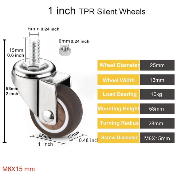 1 inch M6x15 Caster Bolt Threaded Wheel, TPR Silent Rubber Swivel Single Wheel with 2 Brake Locks, Brown