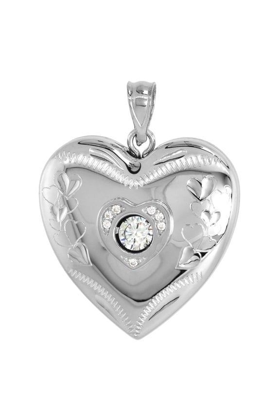 1 inch Sterling Silver Cubic Zirconia Dancing Diamond Heart Locket Necklace for Women Hearts Etching 16 inch RL_30H