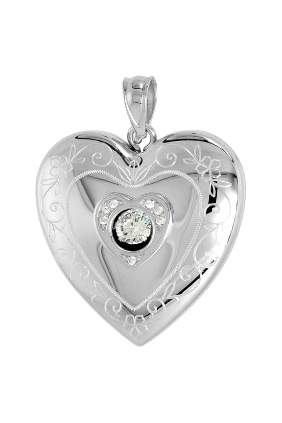 1 inch Sterling Silver Cubic Zirconia Dancing Diamond Heart Locket Pendant for Women Scroll Etching NO CHAIN