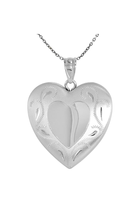 1 inch Sterling Silver Heart Locket Necklace for Women Scroll Etching Heart Center 20 inch RL_30H