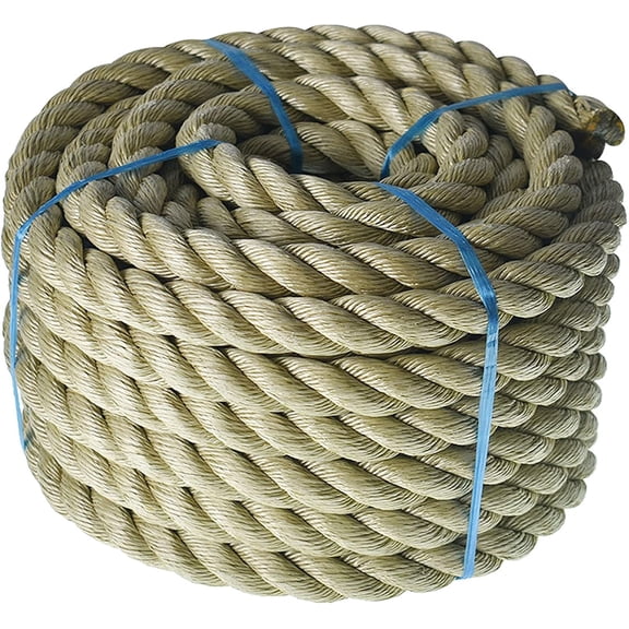 1 inch Twisted ProManila Rope Cordage, 50 feet UnManila 3 Strand Synthetic Polypropylene Rope Tan Thick Polypropylene Cord for Indoor Outdoor Use, Tug of War, Marine