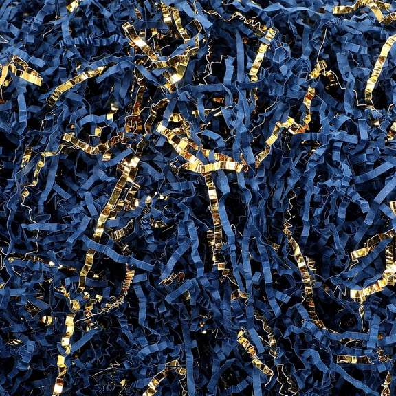 1 lb Blue Gold Crinkle Cut Paper Shred Filler Metallic Shredded Paper Confetti Gift Boxes Basket Crinkle Papers Filler Pack Shredded Tissue 250 Anniversary Birthday Graduation USA Gift Wrap
