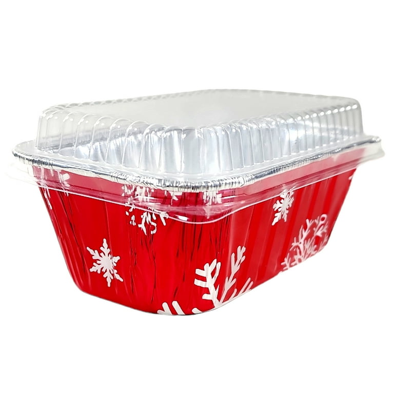 1 lb. Red Holiday Christmas Snowflake Aluminum Foil Small Mini Loaf / Bread  Baking Pans with Clear Dome Lids (Pack of 200 Sets)