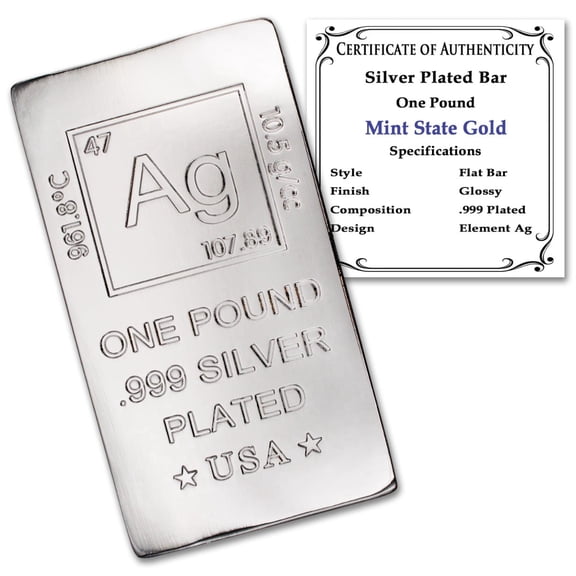 1 lb Silver Plated Bar (Flat Style) .999 Pure Paperweight - Element Design with Certificate of Authenticity
