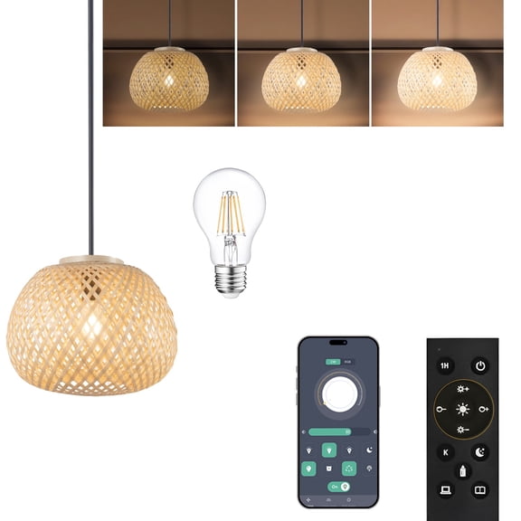 1-light Rustic Farmhouse Bamboo Pendant Light, Adjustable, Remote 3-Color LED