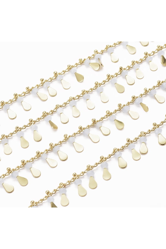 1 m 3.28 Feet Handmade Glass Beaded Chains with Real 18K Gold Plated Brass Side Twisted Chains Curb Chains Long-Lasting Plated Soldered Light Grey 2.5x2x1mm teardrop : 10x3x3mm