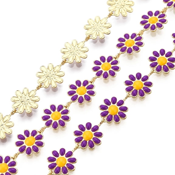 1 m Brass Flower Link Chains with Enamel Unwelded Real 16K golden Plated Dark Violet 13.5~14x9.5~10x1mm